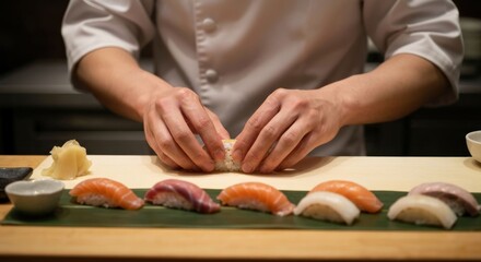 Chef expertly prepares sushi, with prepared nigiri lined up