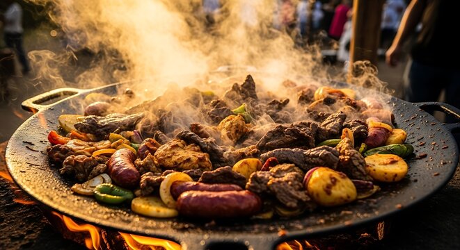 Rustic shot of Entrevero (meat mix) cooking in a 'disco de arado'. Smoky light high energy.