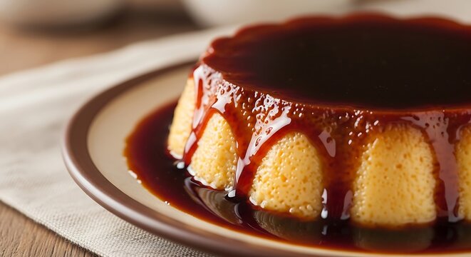 Rustic shot of Pudim de Leite (flan) with dark caramel sauce. Focus on glossy surface.