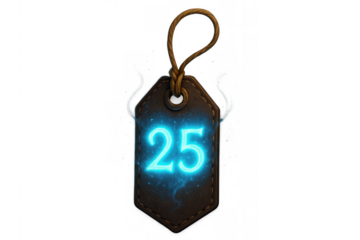 Leather tag showing glowing magic number 25. Digital design element for ui, rpg, or game interfaces with a neon effect