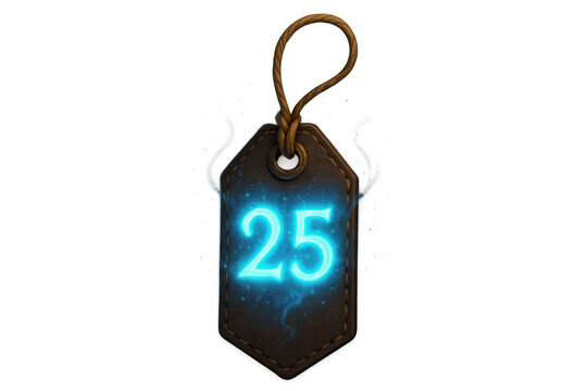 Leather tag showing glowing magic number 25. Digital design element for ui, rpg, or game interfaces with a neon effect