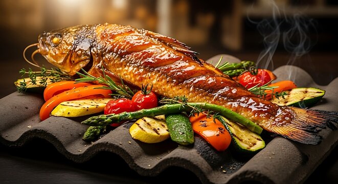 Pintado na Telha (fish on a tile) with vegetables. Intense heat light focus on fish glaze.