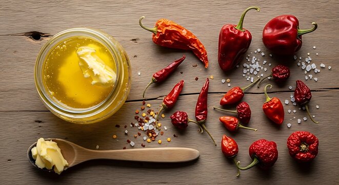 Rustic flat lay of Manteiga de Garrafa (clarified butter) and dried peppers.