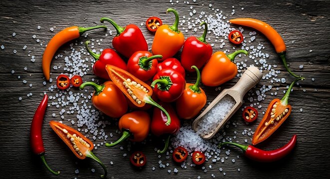 Rustic flat lay of Pimenta Bode (chili peppers) and coarse salt. High contrast vibrant color.