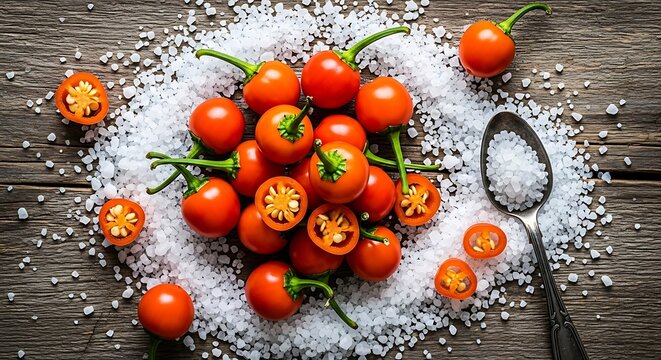 Rustic flat lay of Pimenta Bode (chili peppers) and coarse salt. High contrast vibrant color.