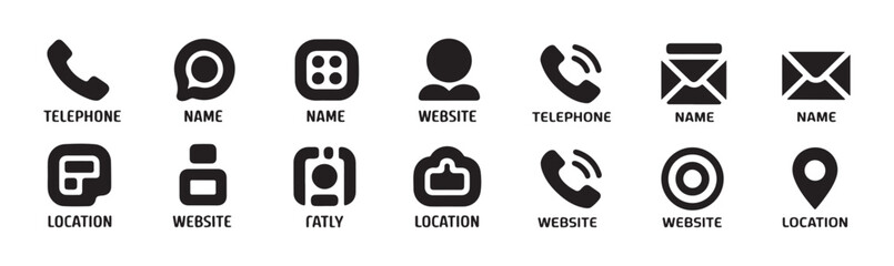 Contact us icon set, black glyph icons isolated on white background for user interface and web