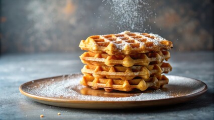 A delectable stack of golden-brown waffles, delicately dusted with powdered sugar, sits elegantly on a rustic plate, a tempting treat for any occasion.