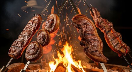 Rustic shot of Churrasco Pantaneiro (beef) on large skewers. Fire background high contrast.