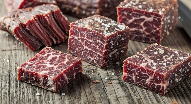 Rustic shot of Charque (dried salted meat) chunks on a cutting board. Focus on coarse texture.