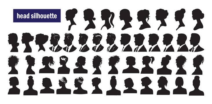 Set of 50 varied head silhouettes featuring women men and unisex profiles for avatars