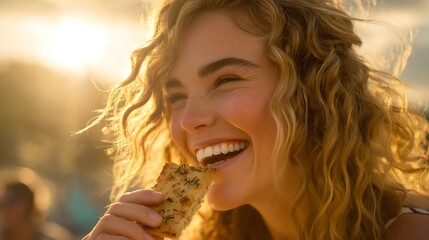Young Woman with Curly Blonde Hair Enjoying Pizza Outdoors Sunlit Evening