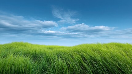 Obraz premium Vibrant Green Grass Under a Blue Sky with Fluffy Clouds, Capturing the Essence of Nature and the Beauty of Outdoor Landscapes in Daylight