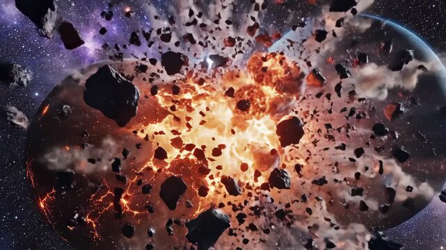 Catastrophic collision of two planets in deep space, surfaces erupt with molten cracks and flying debris as cosmic impact sends fragments and energy outward.