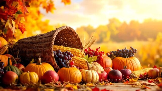 Abundant Autumn Harvest Cornucopia Overflowing with Pumpkins Grapes and Fall Foliage Under Warm Sunlight