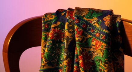 Vintage floral shawl draped elegantly on a wooden chair in vibrant light