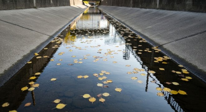 Concrete waterway reflecting the sky and scattered autumn leaves - Powered by Adobe