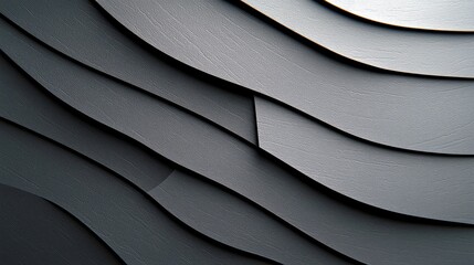 A close-up, abstract view of overlapping, dark gray, wavy panels with a subtle wood grain texture, creating a sense of depth and movement.
