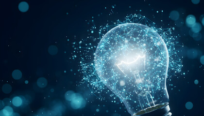 Technology Innovation Light Bulb Surrounded by Blue Digital Network with Soft Bokeh Background
