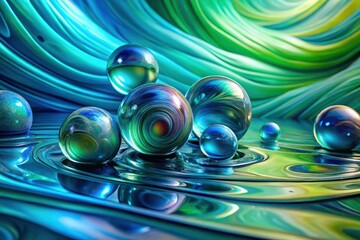 Abstract Glass Spheres Resting on a Reflective, Swirling Surface of Vivid Teal and Emerald Green Hues