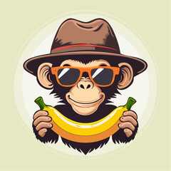 Cartoon Monkey with Sunglasses and Hat Holding a Banana Playful Illustration of a Cheerful Ape
