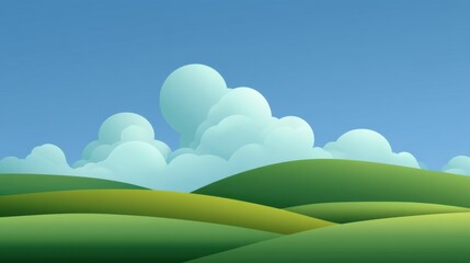 Obraz premium Serene Landscape with Rolling Green Hills and Soft Blue Sky Featuring Fluffy Clouds Under Bright Sunlight