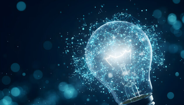 Technology Innovation Light Bulb Surrounded by Blue Digital Network with Soft Bokeh Background