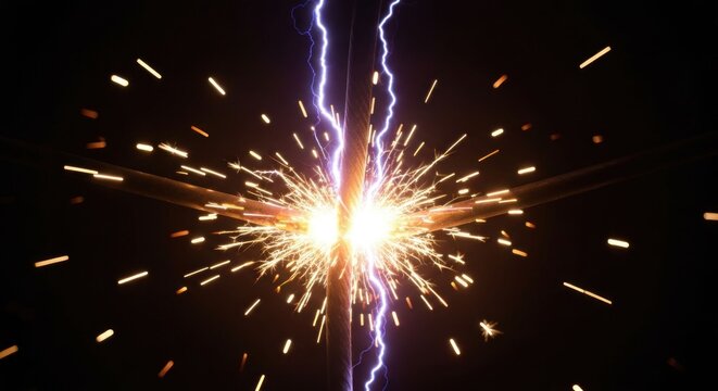 Dramatic close-up of a central lightning strike with glowing sparks