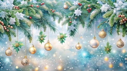 Obraz premium Festive Winter Wonderland Sparkling Ornaments and Evergreen Branches Adorn a Dreamy, Snowy Background
