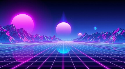Retro-Futurism Neon Grid Horizon With Synthwave Sun