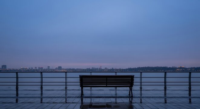 Serene waterfront view at twilight, featuring an unoccupied wooden bench gazing out across still waters towards a distant urban panorama under a soft, dusky sky, evoking tranquility