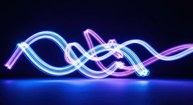 Glowing blue & pink neon light trails dance against a dark, sleek background