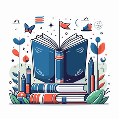 Open book surrounded by knowledge symbols and nature elements showcasing study and imagination