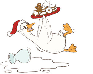 A funny Christmas goose illustration featuring a cute goose slipping on spilled milk while balancing a tray of cookies and gingerbread.