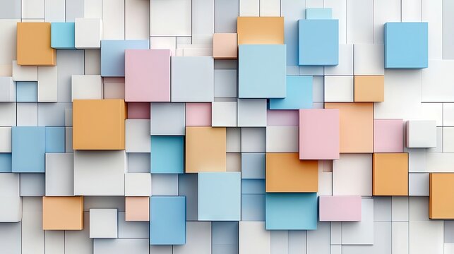 A textured background composed of various sized cubes and squares in pastel shades of blue, pink, and orange.
