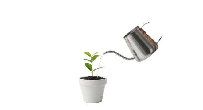 A small plant in a white pot being watered by a metal watering can.