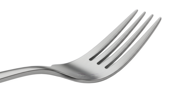 A close up shot of a shiny metal fork with three tines.