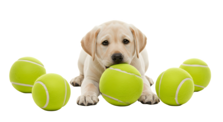 Adorable Labrador puppy playing with multiple tennis balls.