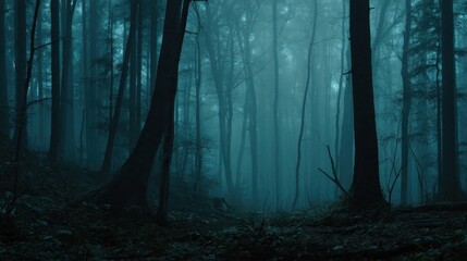 Fototapeta premium Mysterious Foggy Forest Landscape at Dusk with Tall Trees and Low Visibility Creating a Serene and Enigmatic Atmosphere in Nature