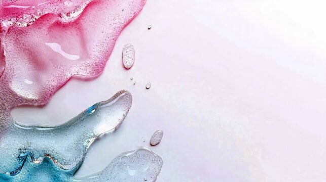 Close-up view of shimmering pink and blue liquid gels with small bubbles and glitter, forming abstract shapes on a white surface.