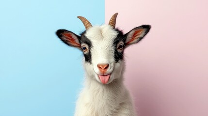 Fototapeta premium A playful young goat with black and white fur sticks its pink tongue out while looking at the camera, set against a divided blue and pink background.