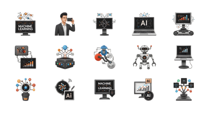 Artificial Intelligence and Machine Learning Concepts A Collection of AI Illustrations.