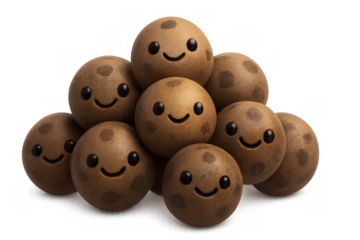 Cute happy potato cookies characters forming a friendly pile, smiling together with transparent background