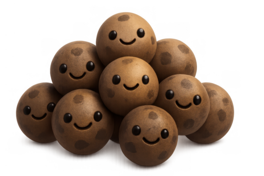 Cute happy potato cookies characters forming a friendly pile, smiling together with transparent background