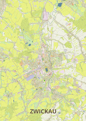 This is a detailed map of Zwickau, Germany, showcasing the city's layout and surrounding areas. The map features a network of streets, roads, and waterways, with various land uses