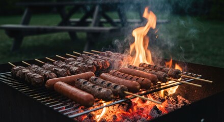 Meats cooking on a charcoal grill with flames, blurred picnic table in back