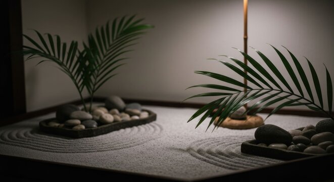 Mini zen garden with raked sand, stones, and leafy green plants