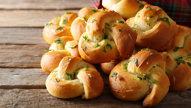 Fresh buttery garlic knots topped with herbs served on a rustic wooden table, perfect for bakery, food styling, and menu design.