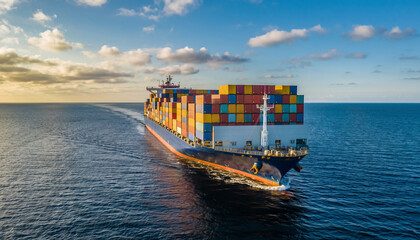 Cargo ship sailing on the ocean with containers.