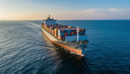 Cargo ship sailing on the ocean carrying containers at sunset.