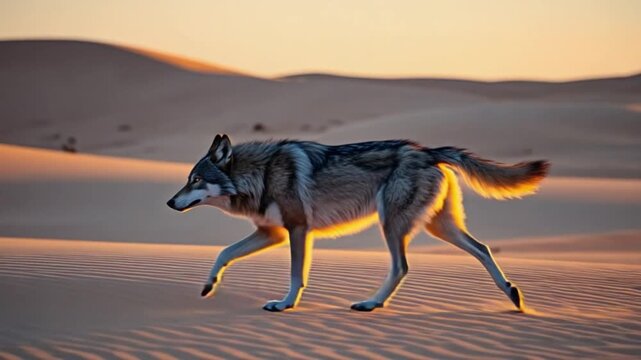 A wolf running across the desert sand dunes during sunset with a golden glow in the background wolf video